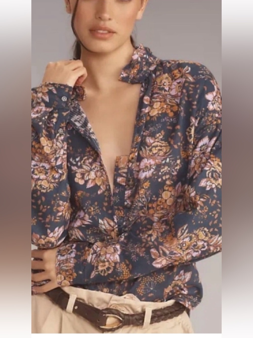 Pilcro by Anthropologie Tavi Floral Buttondown Blouse Blue Size Small
